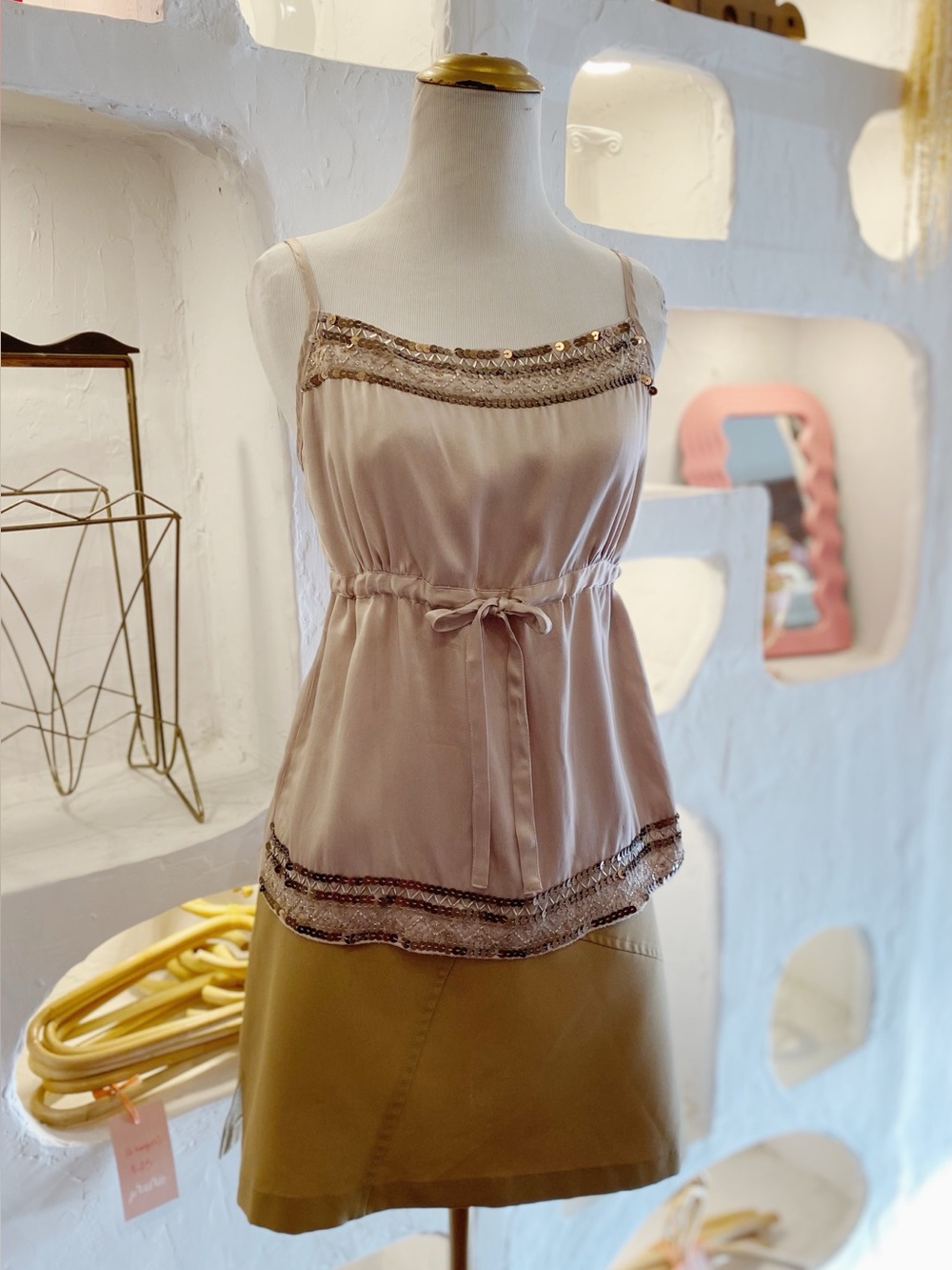 Jacob Silk Beaded & Sequinned Spaghetti Strap Tank Top with Adjustable Ties